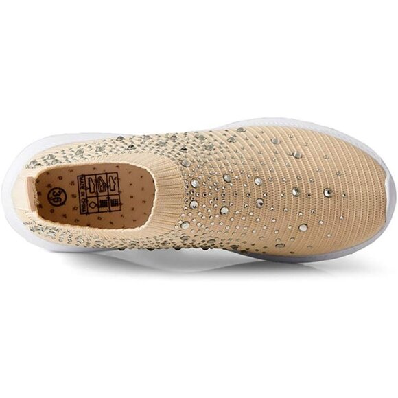 Women's Mesh Walking Shoes Rhinestone Glitter Slip On Ballroom Sneakers Khaki - Picture 2 of 6